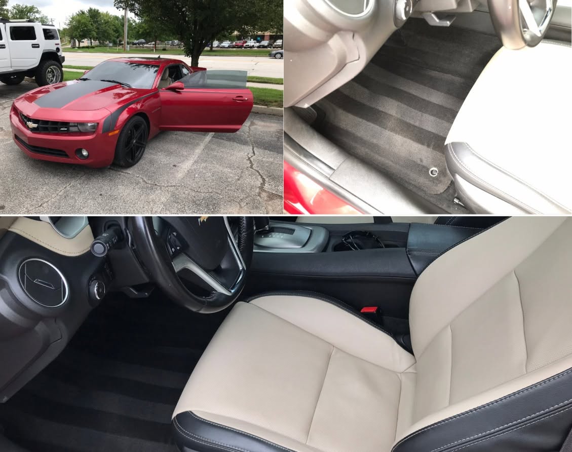 Detailed red Chevrolet Camaro interior and exterior after mobile detailing